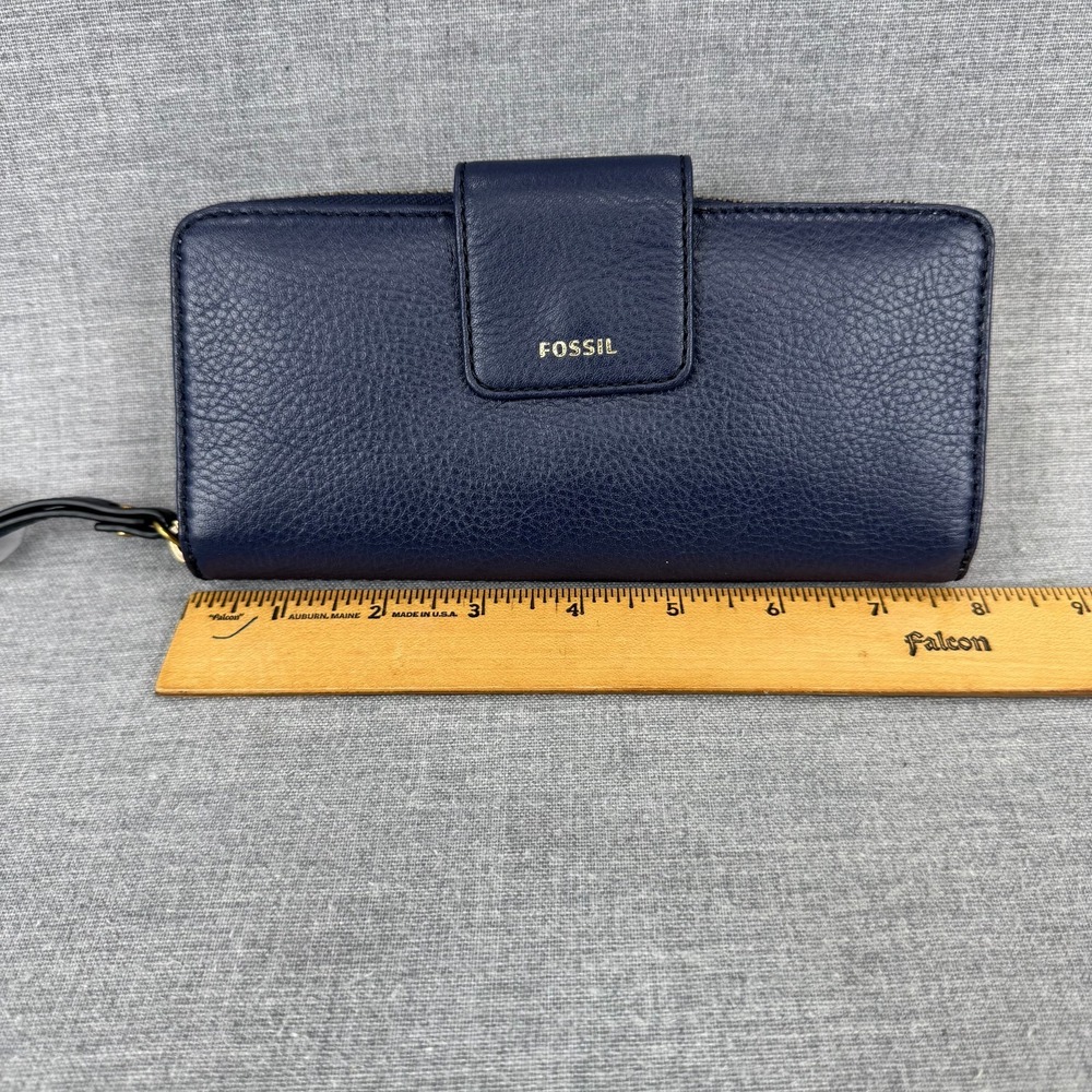 Fossil Madison Zip Clutch Women Navy Blue Leather Wristlet Wallet - Picture 10 of 11